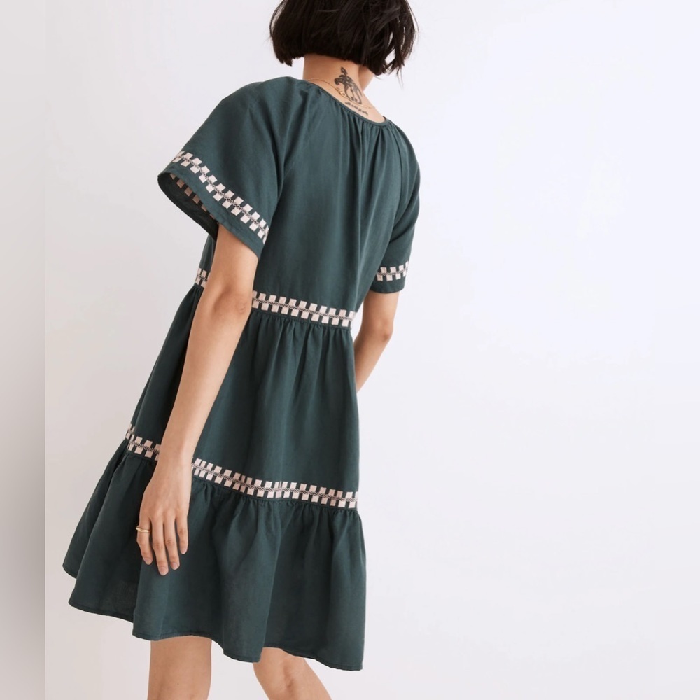 Madewell Embroidered Linen-Blend Flutter-Sleeve Mini Dress XXS Green Preppy Airy - Picture 2 of 11